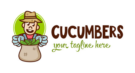 Flat cute funny farmer shows a bag of cucumbers. Gardener logo or sign. Vector farm character. Agriculture concept.