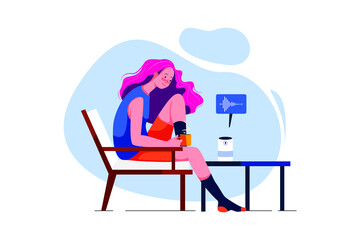 Young Woman talk to voice assistant at home and feel happy