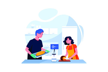 Couple using smart speaker man woman preparing food asking recipe voice recognition concept modern kitchen interior