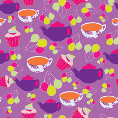 Fototapeta na wymiar Vector seamless pattern with cupcakes, balloon, teapot, tea cups and cutlery. Suitable for fabric, backdrop, restaurant, kitchen, party and other design projects. 