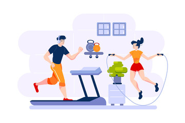 A man runs on treadmill and a woman jumps rope.