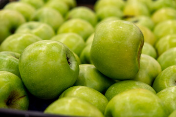 Background from green ripe apples. Ripe green apples beautifully arranged.
