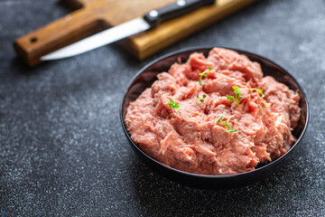 minced meat turkey or chicken grind healthy diet meal top view copy space for text food background rustic image keto or paleo diet