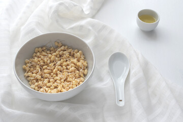 Sprouted mung bean in white bowl