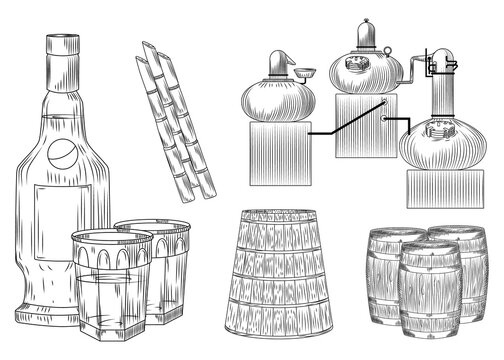 Set Cachaca alcohol in doodle style on white background. Glass and bottle, cane sugar, barrel, alembic. Engraving vintage style black outline.