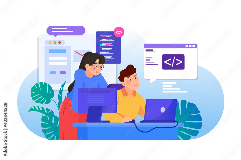 Wall mural man and woman are working together on programming
