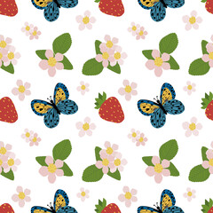 Seamless pattern with cute butterflies and red strawberries. Lovely summer texture.Vector floral texture with forest berries. Hand drawn illustration with plants and butterfly.
