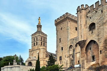 Fototapeta na wymiar stone walls and towers of the medieval Castle of the Popes in the city of Avignon