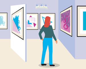 Woman in a museum or art gallery, flat vector stock illustration as a concept of visiting a fashion show, exhibition in a gallery hall