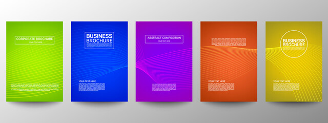 Cover geometric minimal. Set. Vector abstract line pattern for poster design. Set of templates for business brochures. Cool gradients. Graphic pattern for annual album backdrop.
