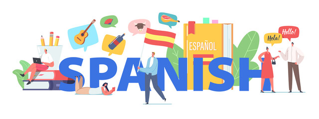 Characters Learn Spanish Language Course Concept. Tiny People at Huge Textbooks and Flag, Teacher and Students Chatting