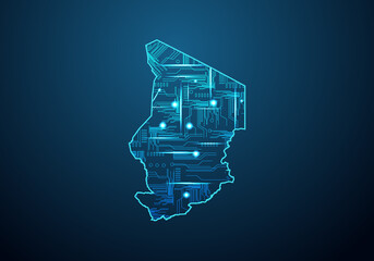 Abstract futuristic map of chad.Circuit Board Design Electric of the region. Technology background. mash line and point scales on dark with map.