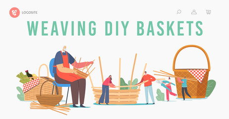 Basket Weaving Diy Landing Page Template. Senior Male Character Make Wicker Pannier of Natural Materials, Handmade © Pavlo Syvak