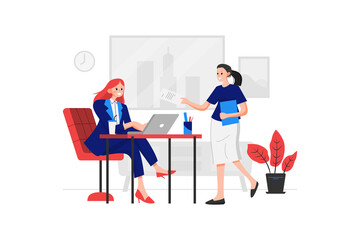 An employee enters the room and gives the contract to the manager.