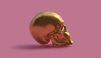 Profile of golden 3D rendering skull over pink background