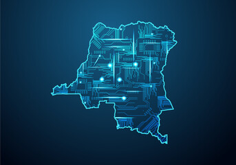 Abstract futuristic map of congo DR.Circuit Board Design Electric of the region. Technology background. mash line and point scales on dark with map.