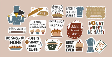 Set of funny baking quotes in stickers.