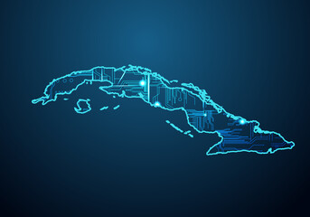 Abstract futuristic map of cuba.Circuit Board Design Electric of the region. Technology background. mash line and point scales on dark with map.