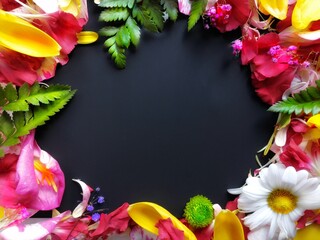 Bright flowers on a Black background frame