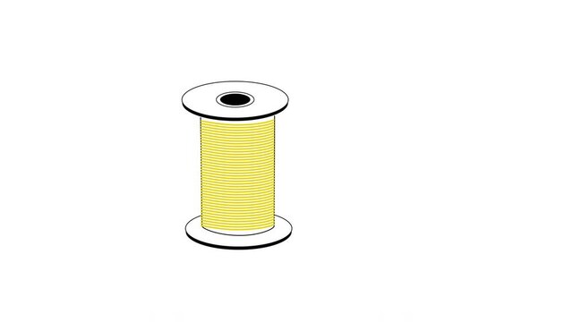 Self drawing animation of sewing spool, needle. Concept of sewing. Golden yellow.