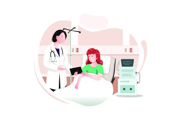 Young woman doctor with tablet and patient near medical equipment.