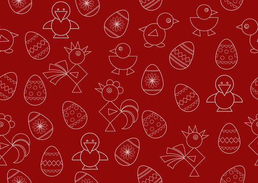 Seamless Easter pattern with chickens and hen eggs on a burgundy background.Vector graphics for design and decoration.