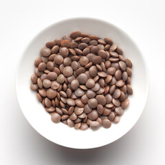 Macro Close up of Organic masoor dal (Lens culinaris) or whole brown dal inside a ceramic white bowl. Top view 