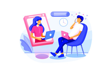 Man mobile conversation with support young woman. Concept girl help by cellphone