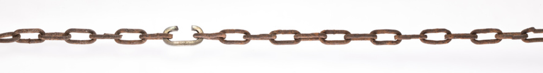 Fototapeta premium rusty metal chain with broken link isolated on white background