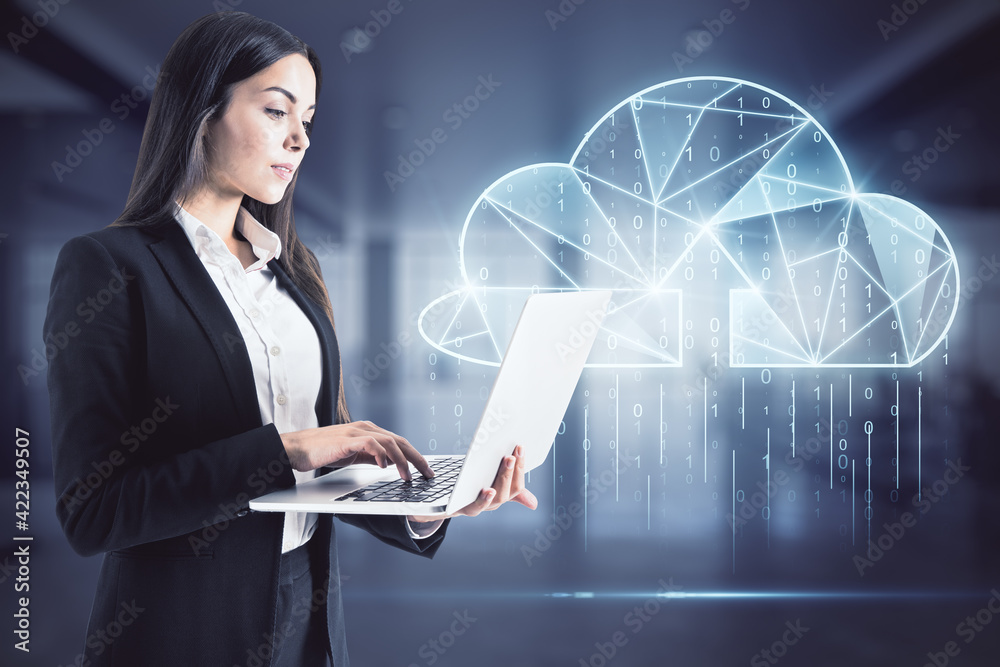 Poster Cloud technology and digital transformation concept with businesswoman working on laptop on digital screen with cloud and programming code background
