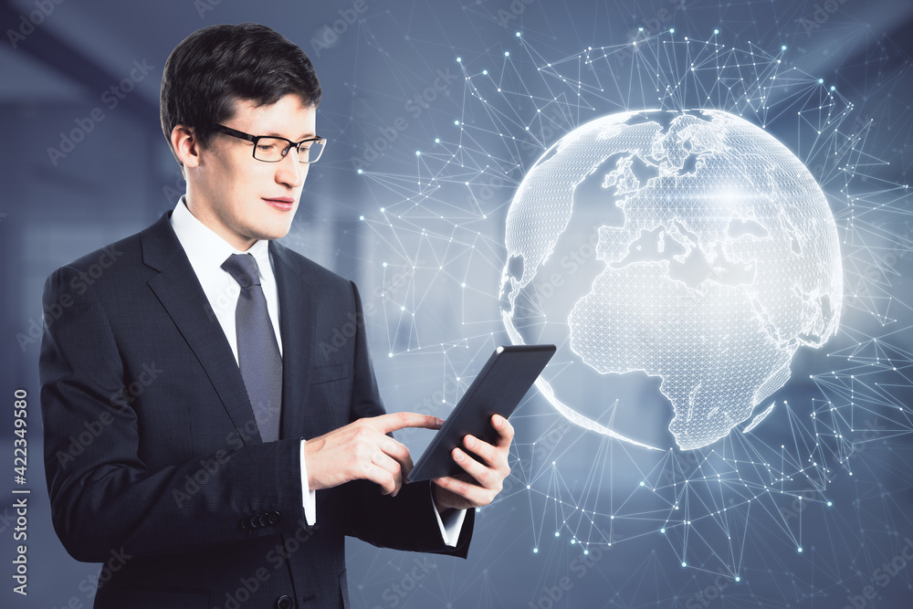 Aufkleber Big data and digital transformation concept with businessman with digital tablet on hologram world map with chaotic dots connected by lines