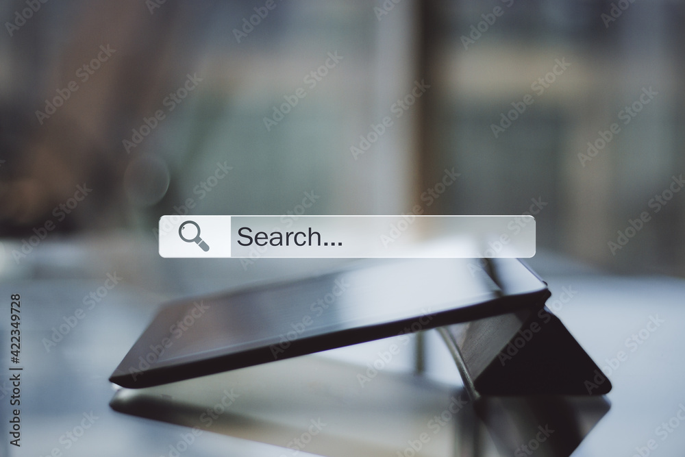 Aufkleber searching and browsing internet information concept with search bar and digital tablet