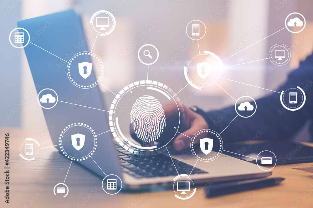 Aufkleber smart technologies and biometrics concept with digital fingerprint and protection icons at laptop wi