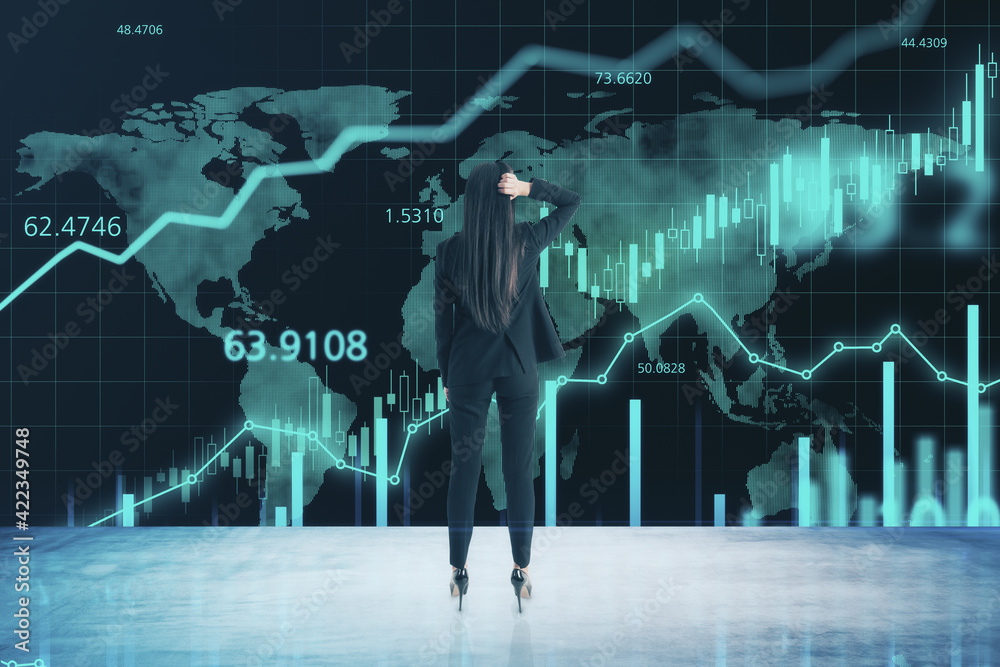 Poster worldwide online trading concept with trader woman looking at big screen with digital financial char
