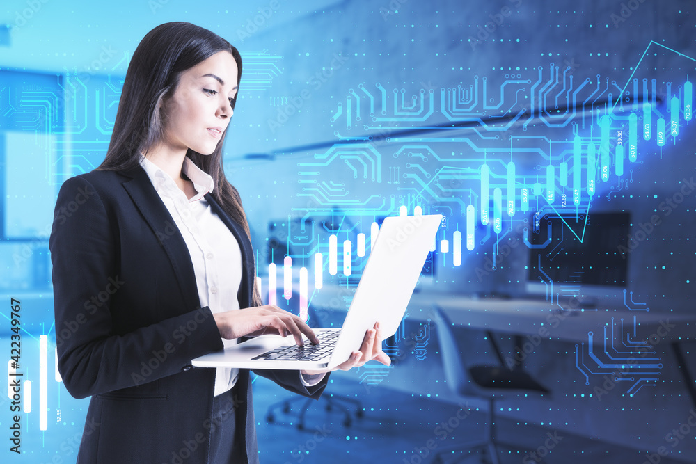 Poster Financial analytic and analysis concept with businesswoman with laptop and digital display of growing chart and algorithmic circuit