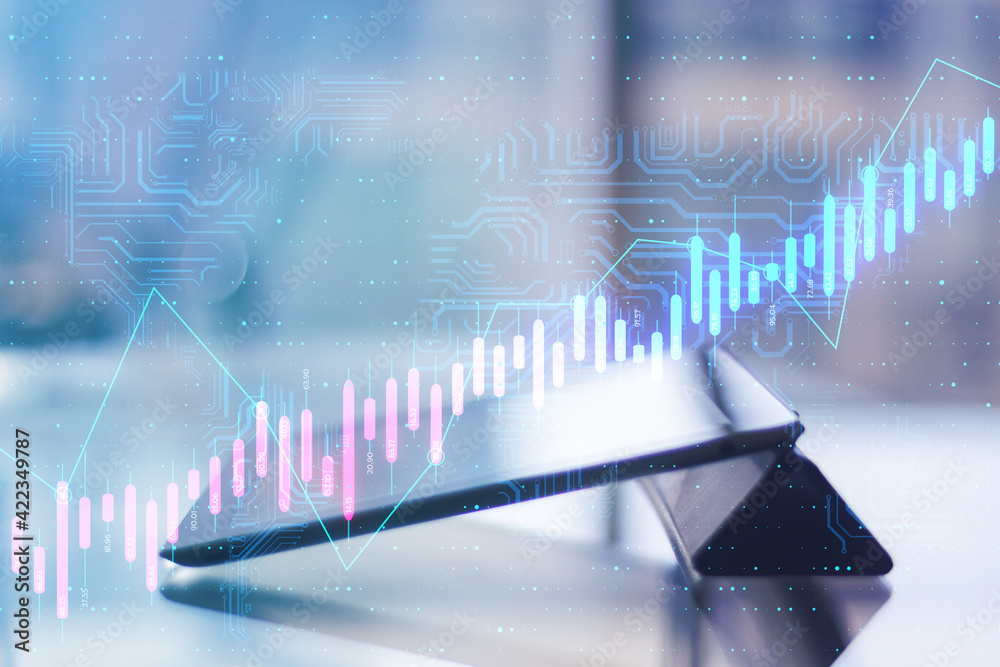Aufkleber Algorithmic exchange market concept with glowing virtual forex chart candlestick and circuit at digital tablet background