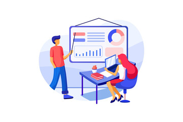 Business woman is sitting in a chair and listening to a presentation. Business man make the presentation and show charts and diagrams on the screen.