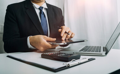Digital marketing media in virtual screen.businesswoman hand working with mobile phone and modern...