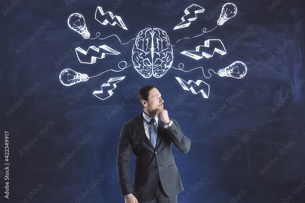 Poster thinking concept with pensive businessman on blackboard background with handwritten by chalk sketch 