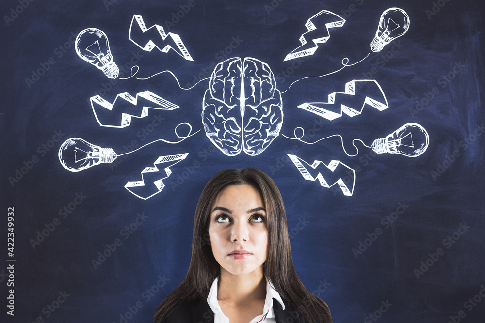Poster decision and thinking concept with businesswoman in front of blackboard with chalk sketch of human b