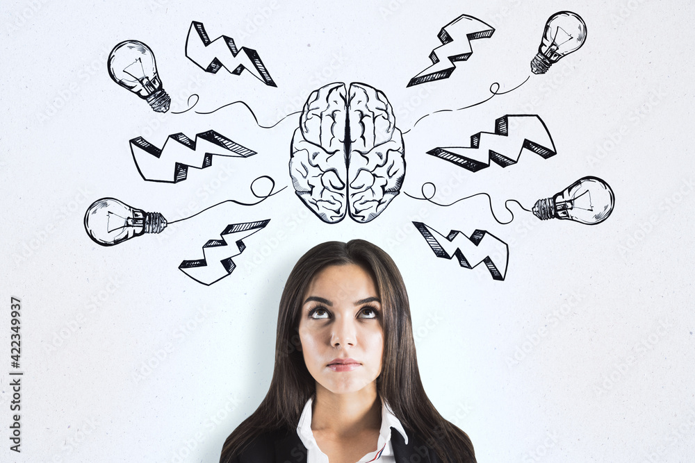 Poster brainstorm and thinking concept with businesswoman on white background with handwritten sketch of hu