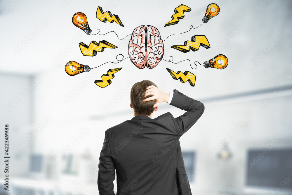 Poster brainstorming concept with pensive businessman grabs his head and looking at transparent screen with