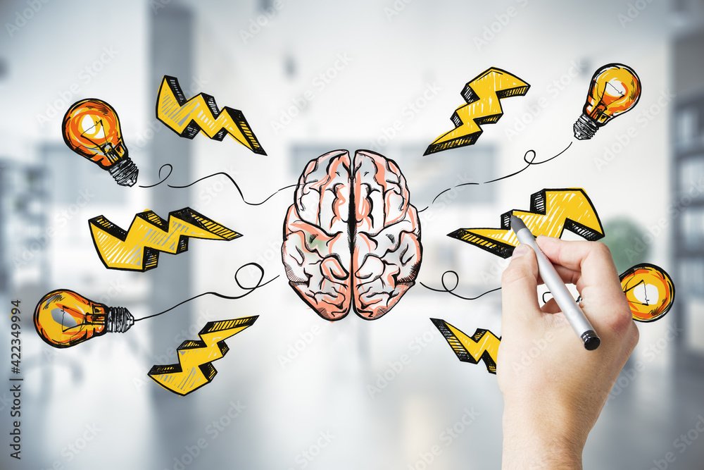 Poster creative idea and find solution concept with man hand drawing sketch of human brain, lightning strik