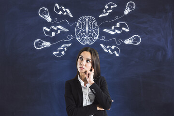 Find solution concept with pensive businesswoman in black suit on blackboard background with chalk...