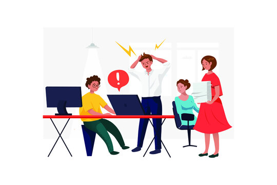 Stressed angry young man crashed laptop at work. Concept stundent, businessman, employee feels worried in workplace. 