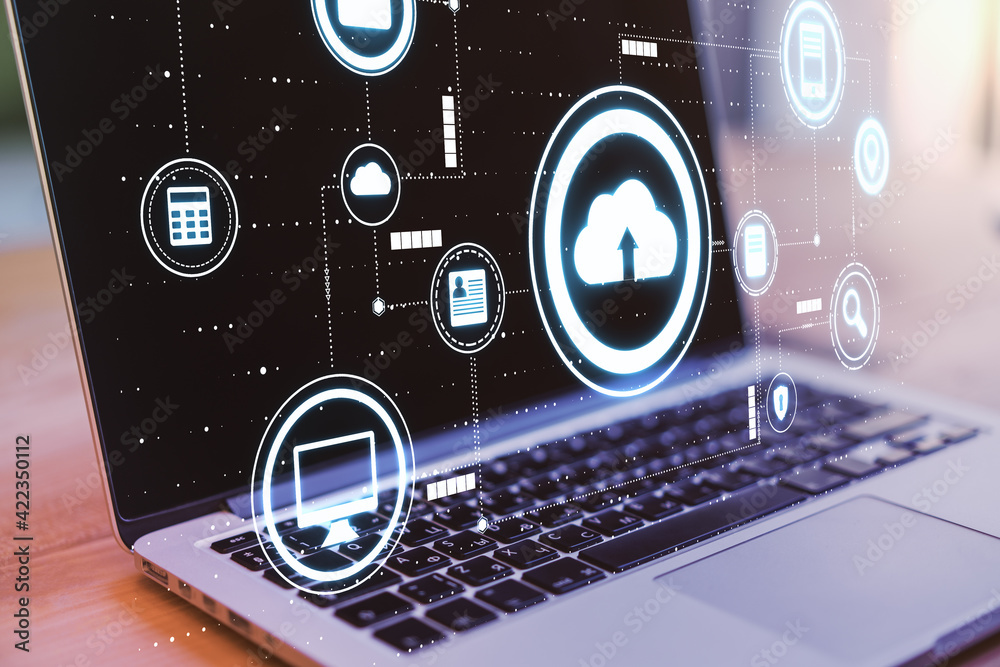 Poster cloud storage and network concept with digital technology application symbols above laptop