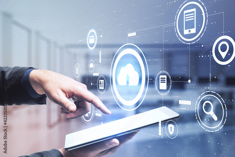 Poster cloud service communication concept with hologram application icons and man finger on digital tablet