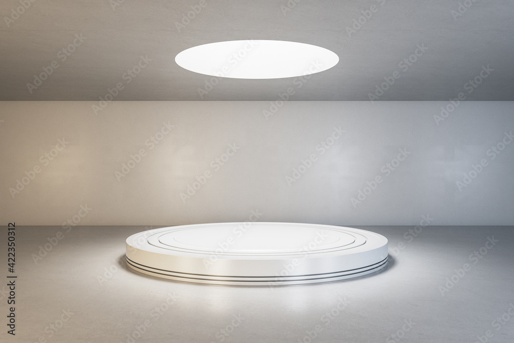 Poster Blank light round illuminated from top podium in empty loft style hall with concrete floor and walls. Mockup