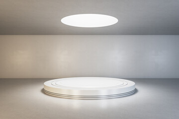 Blank light round illuminated from top podium in empty loft style hall with concrete floor and...