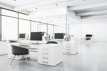 Light open space office with modern white tables and black chairs on glossy concrete floor and glass wall conference room